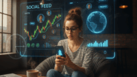 Seorang wanita muda Gen Z di kafe sedang melihat smartphone dengan antarmuka trading, dikelilingi hologram futuristik berisi grafik (chart) dan notifikasi profit, menggambarkan tren trading 2025.