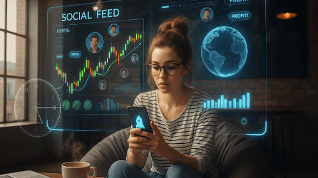 Seorang wanita muda Gen Z di kafe sedang melihat smartphone dengan antarmuka trading, dikelilingi hologram futuristik berisi grafik (chart) dan notifikasi profit, menggambarkan tren trading 2025.