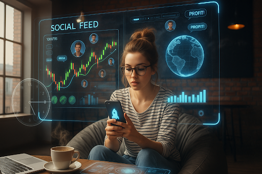 Seorang wanita muda Gen Z di kafe sedang melihat smartphone dengan antarmuka trading, dikelilingi hologram futuristik berisi grafik (chart) dan notifikasi profit, menggambarkan tren trading 2025.